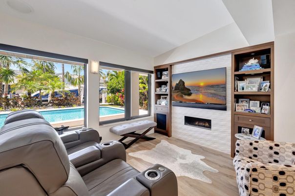 Home Theatre Room, Fireplace, Interior, Living room, Water, Wood Texture Flooring
