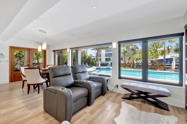 Home Theatre Room, Dining room, Interior, Living room, Pendant Lights, Recessed Lighting, Wood Texture Flooring