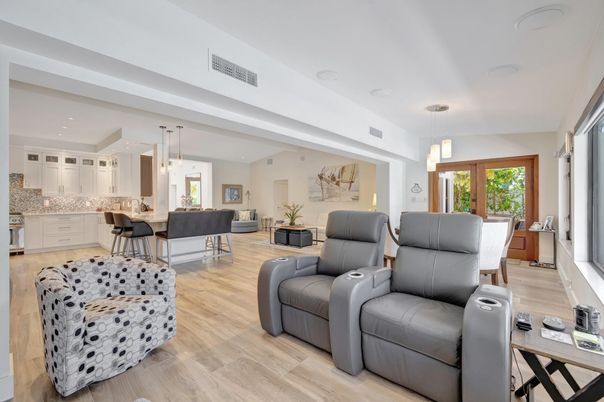 Dining room, Interior, Kitchen, Living room, Pendant Lights, Recessed Lighting, Wood Texture Flooring