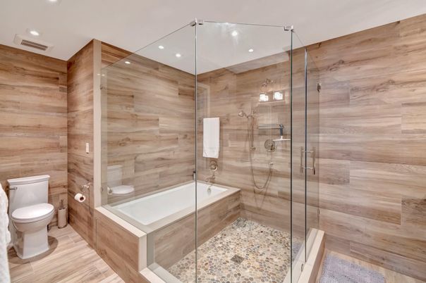 Bathroom, Glass Shower, Interior, Recessed Lighting, Wood Texture Flooring, Wooden Walls