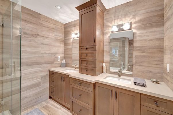 Bathroom, Dual Sink Vanities, Glass Shower, Interior, Recessed Lighting, Wood Texture Flooring, Wooden Walls