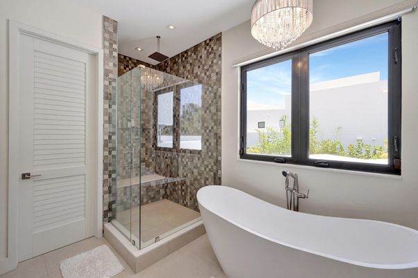 Bathroom, Chandelier, Free Standing Baths, Glass Shower, Interior, Recessed Lighting