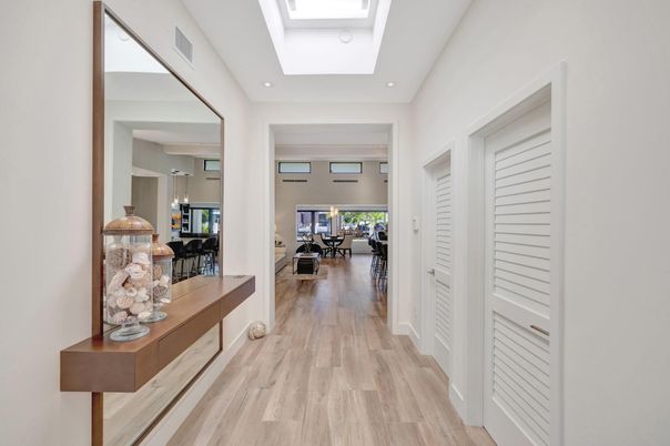 Dining room, Glass Ceilings, Interior, Pendant Lights, Recessed Lighting, Wood Texture Flooring