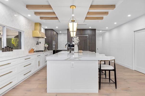 Interior, Kitchen, Pendant Lights, Recessed Lighting, Wooden Beams, Wood Texture Flooring