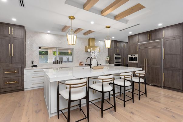Interior, Kitchen, Pendant Lights, Recessed Lighting, Stainless Steel Appliances, Wooden Beams, Wood Texture Flooring