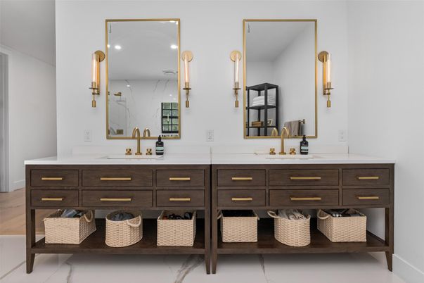 Bathroom, Dual Sink Vanities, Interior, Marble Walls, Recessed Lighting