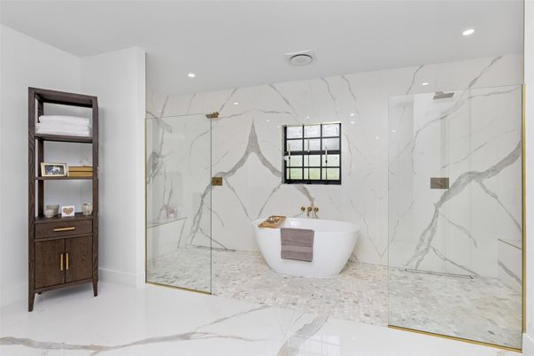 Bathroom, Free Standing Baths, Glass Shower, Interior, Marble, Marble Walls, Recessed Lighting