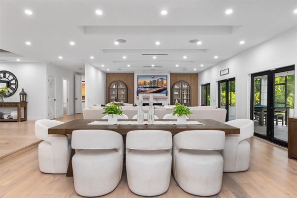 Dining room, Interior, Recessed Lighting, Wood Texture Flooring