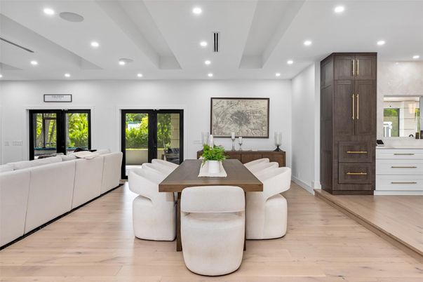 Dining room, Interior, Living room, Recessed Lighting, Wood Texture Flooring