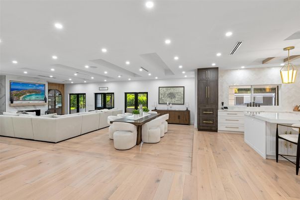 Dining room, Interior, Kitchen, Living room, Pendant Lights, Recessed Lighting, Wood Texture Flooring