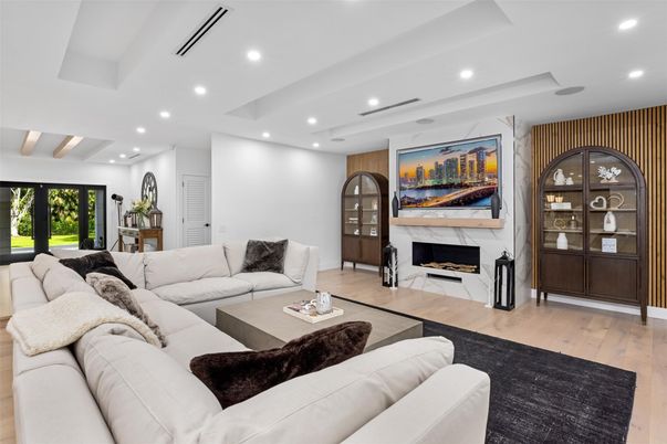 Fireplace, Interior, Living room, Recessed Lighting, Wood Texture Flooring
