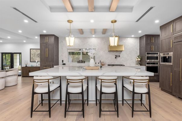 Interior, Kitchen, Pendant Lights, Recessed Lighting, Stainless Steel Appliances, Wooden Beams, Wood Texture Flooring