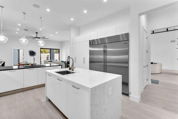 Interior, Kitchen, Pendant Lights, Recessed Lighting, Stainless Steel Appliances, Wood Texture Flooring