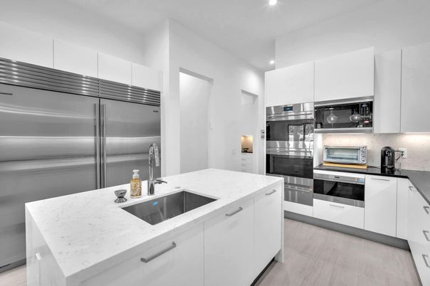 Interior, Kitchen, Recessed Lighting, Stainless Steel Appliances, Wood Texture Flooring
