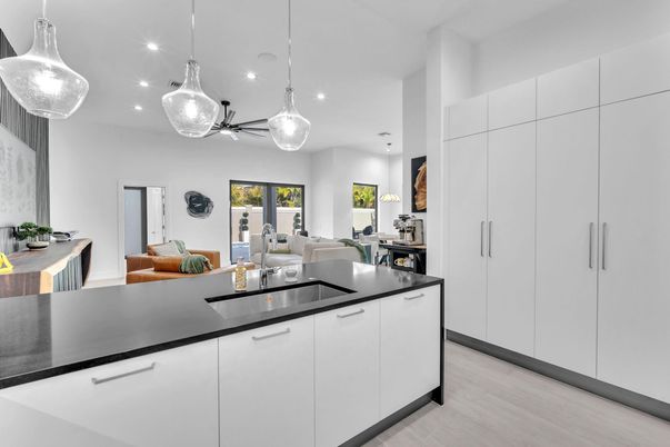 Interior, Kitchen, Living room, Pendant Lights, Recessed Lighting, Wood Texture Flooring