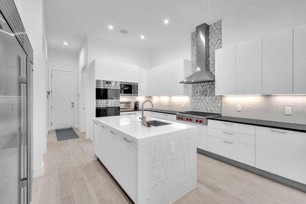 Interior, Kitchen, Recessed Lighting, Stainless Steel Appliances, Wood Texture Flooring