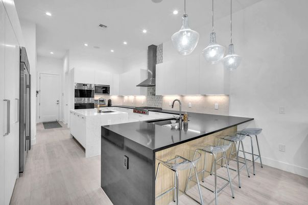 Interior, Kitchen, Pendant Lights, Recessed Lighting, Stainless Steel Appliances, Wood Texture Flooring