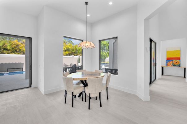 Dining room, Interior, Pendant Lights, Recessed Lighting, Wood Texture Flooring