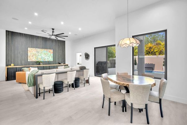 Dining room, Interior, Pendant Lights, Recessed Lighting, Wood Texture Flooring