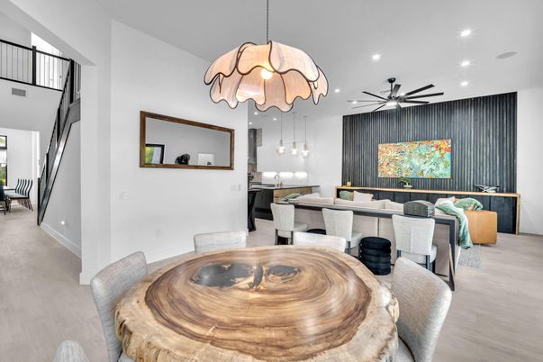 Dining room, Interior, Kitchen, Pendant Lights, Recessed Lighting, Wood Texture Flooring