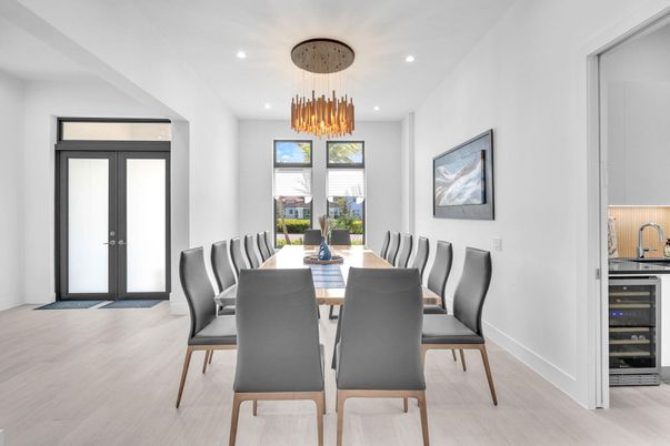 Dining room, Interior, Pendant Lights, Recessed Lighting, Wood Texture Flooring