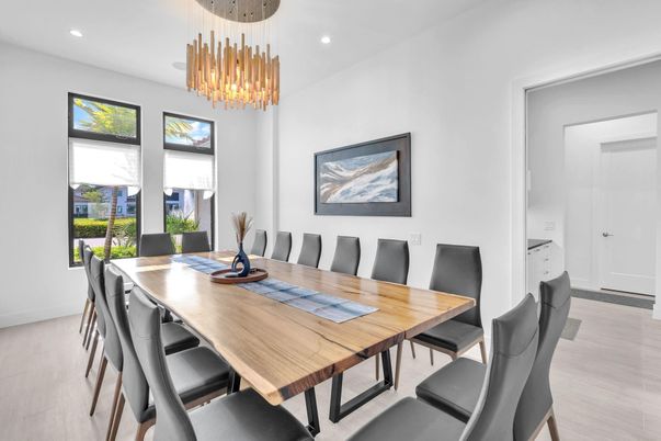 Dining room, Interior, Pendant Lights, Recessed Lighting, Wood Texture Flooring