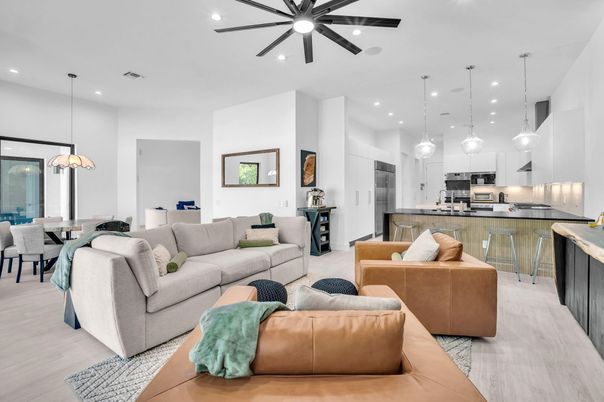 Dining room, Interior, Kitchen, Living room, Pendant Lights, Recessed Lighting, Stainless Steel Appliances, Wood Texture Flooring
