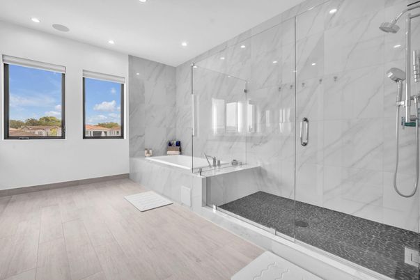 Bathroom, Glass Shower, Interior, Marble Walls, Recessed Lighting, Wood Texture Flooring