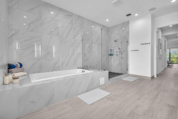 Bathroom, Glass Shower, Interior, Marble Walls, Recessed Lighting, Wood Texture Flooring
