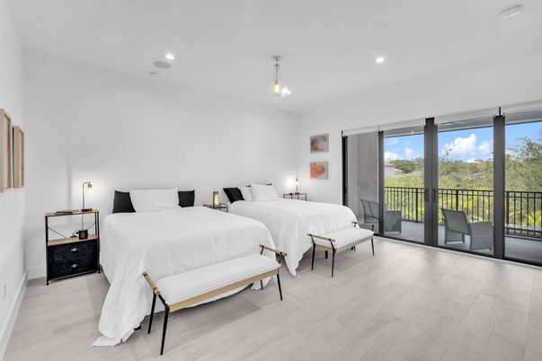 Bedroom, Interior, Pendant Lights, Recessed Lighting, Wood Texture Flooring