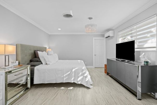 Bedroom, Chandelier, Interior, Recessed Lighting, Wood Texture Flooring
