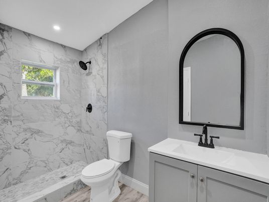Bathroom, Interior, Marble Walls, Recessed Lighting, Wood Texture Flooring