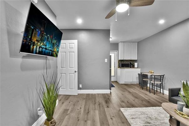 Dining room, Interior, Kitchen, Recessed Lighting, Wood Texture Flooring
