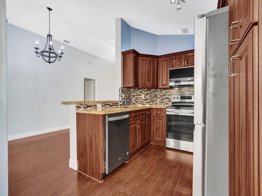 Chandelier, Interior, Kitchen, Stainless Steel Appliances, Wood Texture Flooring