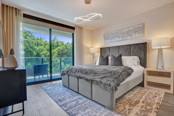 Bedroom, Interior, Pendant Lights, Wood Texture Flooring