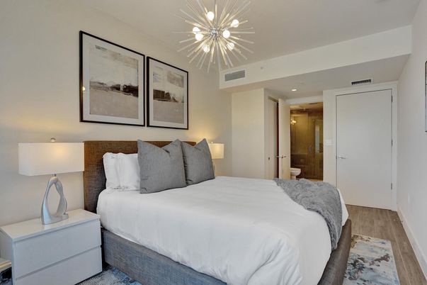 Bedroom, Interior, Pendant Lights, Recessed Lighting, Wood Texture Flooring