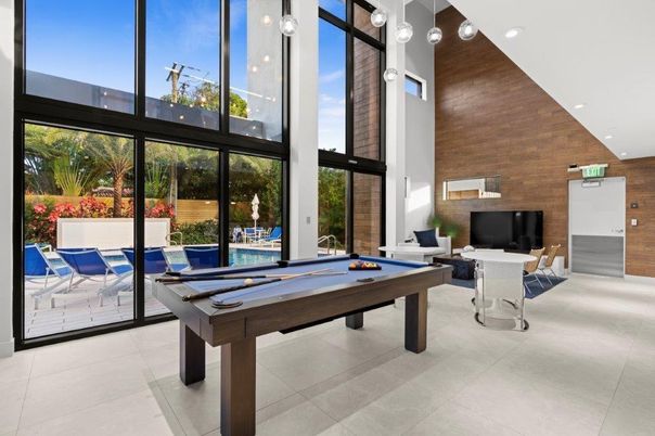 Billiard Table, Game Room, Interior, Pendant Lights, Recessed Lighting, Wooden Walls