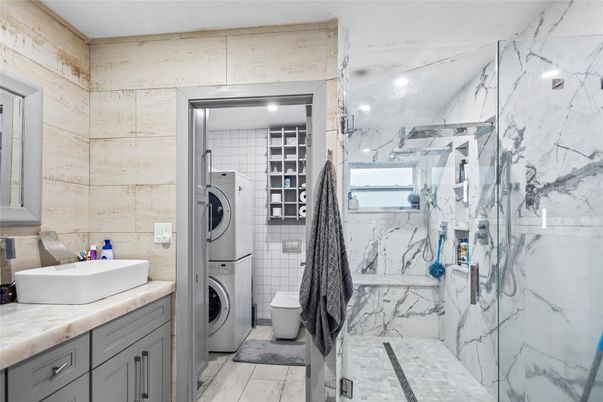 Bathroom, Glass Shower, Interior, Marble Walls, Utility Closets, Washer