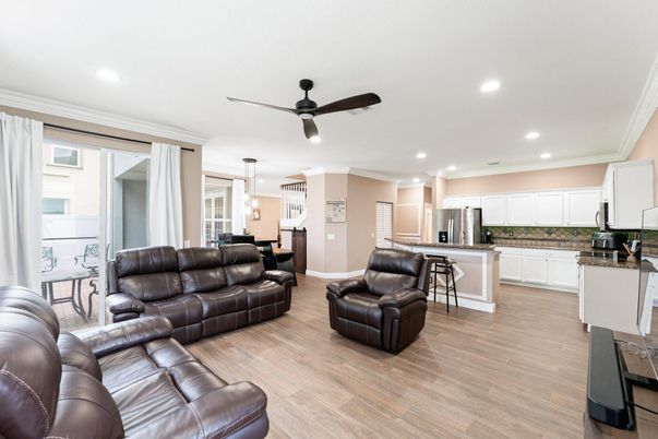Interior, Kitchen, Living room, Pendant Lights, Recessed Lighting, Stainless Steel Appliances, Wood Texture Flooring