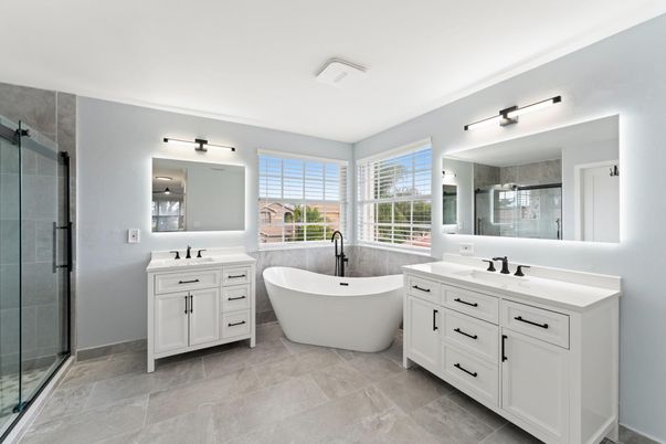 Bathroom, Dual Sink Vanities, Free Standing Baths, Glass Shower, Interior