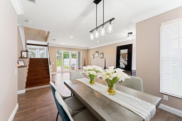 Dining room, Interior, Pendant Lights, Recessed Lighting, Wood Texture Flooring