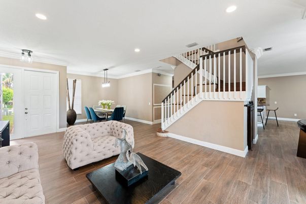 Dining room, Interior, Pendant Lights, Recessed Lighting, Wood Texture Flooring