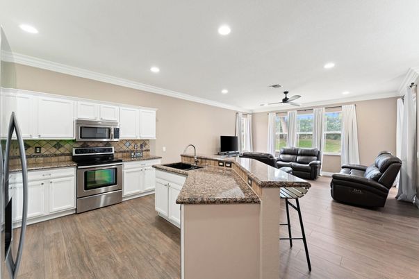Interior, Kitchen, Living room, Recessed Lighting, Stainless Steel Appliances, Wood Texture Flooring