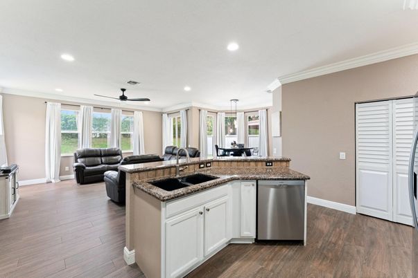 Interior, Kitchen, Living room, Pendant Lights, Recessed Lighting, Wood Texture Flooring