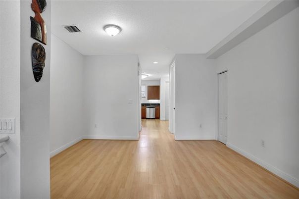Empty room, Interior, Kitchen, Recessed Lighting, Wood Texture Flooring