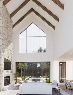 Fireplace, Interior, Living room, Recessed Lighting, Stone Walls, Wooden Beams