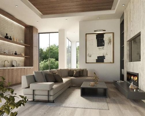 Fireplace, Interior, Living room, Recessed Lighting, Wooden Ceilings, Wood Texture Flooring