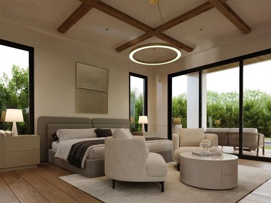 Bedroom, Interior, Living room, Pendant Lights, Recessed Lighting, Wooden Beams, Wood Texture Flooring