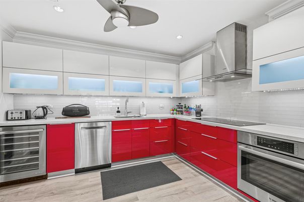 Interior, Kitchen, Recessed Lighting, Stainless Steel Appliances, Wood Texture Flooring