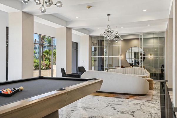 Billiard Table, Chandelier, Game Room, Interior, Marble, Pendant Lights, Recessed Lighting